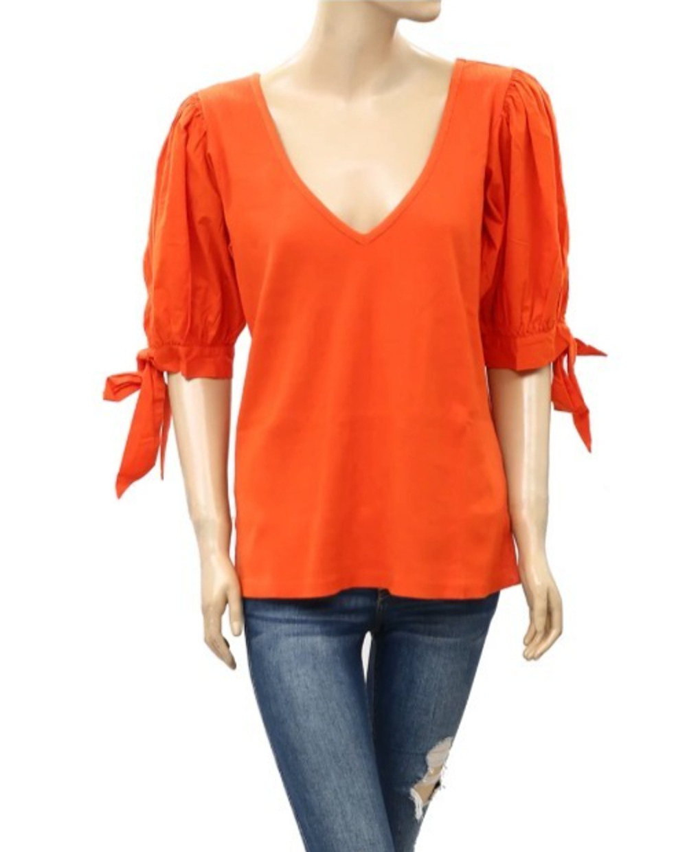 Anthropologie Maeve Puff Sleeve Ribbed Top Double V-neck Vivid Orange Size XS